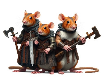 I want to create an image of anthropomorphic rats based on the colouration of fancy rats specifically the Hooded variety where their colour runs in a saddle, a single, unbroken line from the full head down to the spine and possibly partly down the tail and colouring based on Agouti based colors include agouti, cinnamon, and fawn. The background is white, the image is extremely highly photorealistic. The rats should be dressed in clothing that matches or compliments their natural colouring patterns. They have some leather armour pieces, no boots. The carry hand held weapons such as daggers, swords, spears, axes, warhammers, maces and flails.