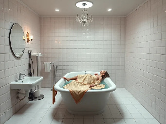 Dans une salle de bains dysfonctionnelle et blanche, je fais pipi sur la cuvette mais ça finit dans ma capuche, enmsuite je m’allonge sur un waterbed de 20metres de long