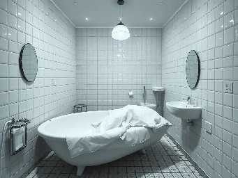 Dans une salle de bains dysfonctionnelle et blanche, je fais pipi sur la cuvette mais ça finit dans ma capuche, enmsuite je m’allonge sur un waterbed de 20metres de long