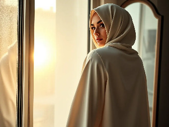 Generate a ultra-realistic attractive mid 39 Arab big size  woman with plus size figure and wide back her eyes are so beautiful as dark black almond type eyes with shine of seduction wearing tight fashionable burqa with hijab only eyes are  uncovered all other body covered. She has standing in front of window and in full size mirror show her back side in mirror and sun shine reflect her white body tone . A beautiful cinematic pose show her beauty tone and curve in hd quality.