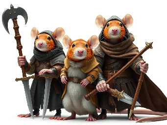 I want to create an image of anthropomorphic rats based on the colouration of fancy rats specifically the Hooded variety where their colour runs in a saddle, a single, unbroken line from the full head down to the spine and possibly partly down the tail and colouring based on Agouti based colors include agouti, cinnamon, and fawn. The background is white, the image is extremely highly photorealistic. The rats should be dressed in clothing that matches or compliments their natural colouring patterns. They have some leather armour pieces, no boots. The carry hand held weapons such as daggers, swords, spears, axes, warhammers, maces and flails.