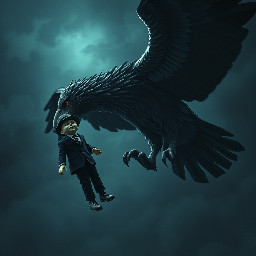 From the sky descends a very large, black, demonic bird, a rag doll dressed in a dark suit and wearing a small hat that partially covers its face. With its powerful talons, it grabs a teenager by the shoulders and tries to carry him off. The teenager, meanwhile, grabs the doll and holds it in his hand, terrified and trying to resist. He screams, and I (his aunt) yells to his grandmother: "Grab him! It's trying to take him!"  The bird/demon, with red eyes, exclaims: "Let's see if your dad saves you!" It's a dark setting, the view is from below, at night, and very windy. The feeling is one of fear and despair.
