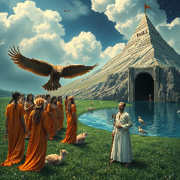 Soñé mucha gente vestida de largas vestiduras color hueso en una verde pradera y al fondo había un águila más grande que las personas tomando agua y animales más al fondo animales que no e visto en la tierra también vi a mi izquierda una montaña enorme y una puerta que solo se veía la punta con letras en otro dialecto en color oro resplandeciente y un hombre que salía de entre la puerta y la montaña con blanca vestiduras y cabello a los hombros color castaño ondulado y uno ojos que me reflejo paz