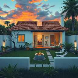 Casa de una planta blanca tipo chalet de los 80. Tiene tejas naranjas. La casa es ancha,larga y el patio se divide en tres con paredes. El tiempo es un atardecer de verano medio nublado, casi de noche, hay una atmósfera de colores fríos. Hay pasto verde oscuro. Las paredes que dividen los patios son de ladrillo.