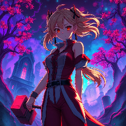 Breathtaking high-definition anime illustration of Nobara Kugisaki from Jujutsu Kaisen, standing in a vibrant, surreal horror wonderland. The background features crumbling gothic ruins illuminated by iridescent purple and neon teal mist, twisted trees with glowing crimson leaves. She wears her signature red and white outfit, her strawberry blonde hair flowing dramatically in the wind. Her large chest is highlighted by soft, cinematic backlighting casting rich, dramatic shadows. She wields a heavy metal hammer and long hairpins with metallic sheen. Her expressive eyes gaze directly at the viewer with intense emotion. The scene is a riot of color—deep crimsons, electric blues, and warm golds—creating a stunningly beautiful yet eerie atmosphere. Sharp focus on detailed anatomy, intricate textures, and high-contrast lighting, masterpiece quality, 8K, cinematic composition.