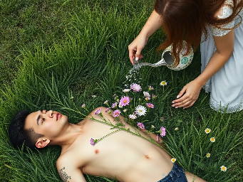 A man with short, dark hair lies naked on the grass. Grass begins to grow around him, and flowers also begin to sprout, growing through his body. A woman with long, brown hair is watering him.