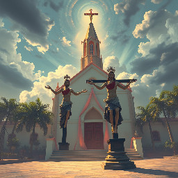 soñar que estas afuera de una Iglesia acostado y con 2 Jusus Cruzificados de estatua uno adentro y otro afuera