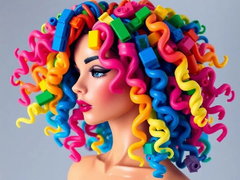 create a hairstyle with lego hair colors flowing curly big and beautiful