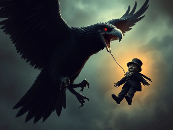 From the sky descends a very large, black, demonic bird, a rag doll dressed in a dark suit and wearing a small hat that partially covers its face. With its powerful talons, it grabs a teenager by the shoulders and tries to carry him off. The teenager, meanwhile, grabs the doll and holds it in his hand, terrified and trying to resist. He screams, and I (his aunt) yells to his grandmother: "Grab him! It's trying to take him!"  The bird/demon, with red eyes, exclaims: "Let's see if your dad saves you!" It's a dark setting, the view is from below, at night, and very windy. The feeling is one of fear and despair.