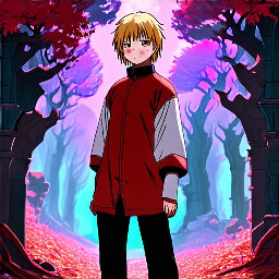 Breathtaking high-definition anime illustration of Nobara Kugisaki from Jujutsu Kaisen, standing in a vibrant, surreal horror wonderland. The background features crumbling gothic ruins illuminated by iridescent purple and neon teal mist, twisted trees with glowing crimson leaves. She wears her signature red and white outfit, her strawberry blonde hair flowing dramatically in the wind. Her large chest is highlighted by soft, cinematic backlighting casting rich, dramatic shadows. She wields a heavy metal hammer and long hairpins with metallic sheen. Her expressive eyes gaze directly at the viewer with intense emotion. The scene is a riot of color—deep crimsons, electric blues, and warm golds—creating a stunningly beautiful yet eerie atmosphere. Sharp focus on detailed anatomy, intricate textures, and high-contrast lighting, masterpiece quality, 8K, cinematic composition.