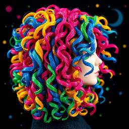 create a hairstyle with lego hair colors flowing curly big and beautiful