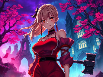 Breathtaking high-definition anime illustration of Nobara Kugisaki from Jujutsu Kaisen, standing in a vibrant, surreal horror wonderland. The background features crumbling gothic ruins illuminated by iridescent purple and neon teal mist, twisted trees with glowing crimson leaves. She wears her signature red and white outfit, her strawberry blonde hair flowing dramatically in the wind. Her large chest is highlighted by soft, cinematic backlighting casting rich, dramatic shadows. She wields a heavy metal hammer and long hairpins with metallic sheen. Her expressive eyes gaze directly at the viewer with intense emotion. The scene is a riot of color—deep crimsons, electric blues, and warm golds—creating a stunningly beautiful yet eerie atmosphere. Sharp focus on detailed anatomy, intricate textures, and high-contrast lighting, masterpiece quality, 8K, cinematic composition.