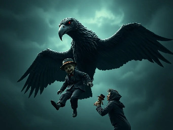 From the sky descends a very large, black, demonic bird, a rag doll dressed in a dark suit and wearing a small hat that partially covers its face. With its powerful talons, it grabs a teenager by the shoulders and tries to carry him off. The teenager, meanwhile, grabs the doll and holds it in his hand, terrified and trying to resist. He screams, and I (his aunt) yells to his grandmother: "Grab him! It's trying to take him!"  The bird/demon, with red eyes, exclaims: "Let's see if your dad saves you!" It's a dark setting, the view is from below, at night, and very windy. The feeling is one of fear and despair.