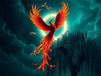 The sky was a deep dark teal color, with a white hole sucking in demon gargoyles. There was a large Phoenix bird like a fiery peacock flying through the sky with streaks of fire from its body. There was a big black weeping Willow tree with  a dark gargoyle with big wings hiding  under the tree.