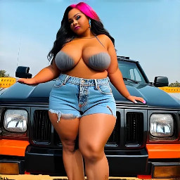 Bbw woman wears denim shorts no top with nipple piercings black hair with pink highlights, posed on the hood of a black 2000 jeep xj  with orange accents