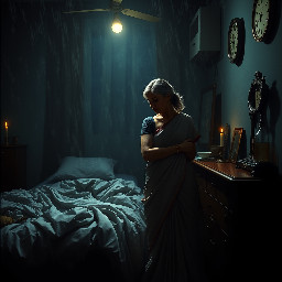 {a dimly lit|a shadow-drenched|a candle-flickering} {bedroom|guest room|private study} where Dheeraj, a {weathered yet alluring|delicate but strong|soft-featured with restless eyes} {45-year-old maid|housemaid in her prime|careworn domestic worker} stands hesitantly near {a mahogany dresser|an antique vanity|a rumpled bed}, her {sari slightly loosened|faded cotton nightgown clinging|work-worn hands trembling} as Vijay, her {broad-shouldered|silver-haired|commanding yet gentle} {56-year-old landlord|unmarried property owner|wealthy recluse}, reaches out to {cup her face|trace her collarbone|pull her close}. The air is thick with {unspoken longing|years of pent-up desire|electric hesitation}, their {age-worn|calloused|desperate} fingers entwining as {a storm rages outside|the grandfather clock chimes midnight|a single tear slips down Dheeraj's cheek}. The scene pulses with {raw, forbidden passion|aching vulnerability|the weight of lifetimes unlived}, their bodies {pressed together in the half-light|collapsing onto tangled sheets|frozen in the moment before surrender}, surrounded by {discarded household items|scattered account ledgers|the faint scent of jasmine oil}. {Oil painting style|film noir lighting|hyperrealistic detail} captures every {wrinkle of tension|fleeting glance|shuddering breath}, as the {cold, dark night|relentless monsoon rain|silent house} bears witness to their {clandestine union|long-awaited release|irrevocable crossing of lines}.