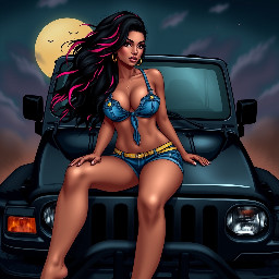 Bbw woman wears denim shorts no top with nipple piercings black hair with pink highlights, posed on the hood of a black 2000 jeep xj  with orange accents