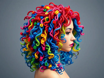 create a hairstyle with lego hair colors flowing curly big and beautiful