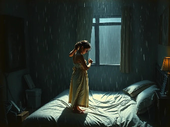 {a dimly lit|a shadow-drenched|a candle-flickering} {bedroom|guest room|private study} where Dheeraj, a {weathered yet alluring|delicate but strong|soft-featured with restless eyes} {45-year-old maid|housemaid in her prime|careworn domestic worker} stands hesitantly near {a mahogany dresser|an antique vanity|a rumpled bed}, her {sari slightly loosened|faded cotton nightgown clinging|work-worn hands trembling} as Vijay, her {broad-shouldered|silver-haired|commanding yet gentle} {56-year-old landlord|unmarried property owner|wealthy recluse}, reaches out to {cup her face|trace her collarbone|pull her close}. The air is thick with {unspoken longing|years of pent-up desire|electric hesitation}, their {age-worn|calloused|desperate} fingers entwining as {a storm rages outside|the grandfather clock chimes midnight|a single tear slips down Dheeraj's cheek}. The scene pulses with {raw, forbidden passion|aching vulnerability|the weight of lifetimes unlived}, their bodies {pressed together in the half-light|collapsing onto tangled sheets|frozen in the moment before surrender}, surrounded by {discarded household items|scattered account ledgers|the faint scent of jasmine oil}. {Oil painting style|film noir lighting|hyperrealistic detail} captures every {wrinkle of tension|fleeting glance|shuddering breath}, as the {cold, dark night|relentless monsoon rain|silent house} bears witness to their {clandestine union|long-awaited release|irrevocable crossing of lines}.