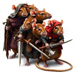 I want to create an image of anthropomorphic rats based on the colouration of fancy rats specifically the Hooded variety where their colour runs in a saddle, a single, unbroken line from the full head down to the spine and possibly partly down the tail and colouring based on Agouti based colors include agouti, cinnamon, and fawn. The background is white, the image is extremely highly photorealistic. The rats should be dressed in clothing that matches or compliments their natural colouring patterns. They have some leather armour pieces, no boots. The carry hand held weapons such as daggers, swords, spears, axes, warhammers, maces and flails.