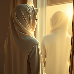 Generate a ultra-realistic attractive mid 39 Arab big size  woman with plus size figure and wide back her eyes are so beautiful as dark black almond type eyes with shine of seduction wearing tight fashionable burqa with hijab only eyes are  uncovered all other body covered. She has standing in front of window and in full size mirror show her back side in mirror and sun shine reflect her white body tone . A beautiful cinematic pose show her beauty tone and curve in hd quality.