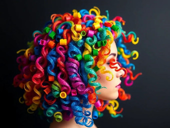 create a hairstyle with lego hair colors flowing curly big and beautiful