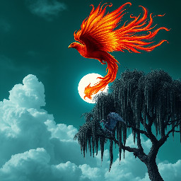 The sky was a deep dark teal color, with a white hole sucking in demon gargoyles. There was a large Phoenix bird like a fiery peacock flying through the sky with streaks of fire from its body. There was a big black weeping Willow tree with  a dark gargoyle with big wings hiding  under the tree.