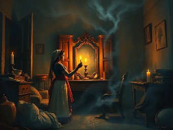 {a dimly lit|a shadow-drenched|a candle-flickering} {bedroom|guest room|private study} where Dheeraj, a {weathered yet alluring|delicate but strong|soft-featured with restless eyes} {45-year-old maid|housemaid in her prime|careworn domestic worker} stands hesitantly near {a mahogany dresser|an antique vanity|a rumpled bed}, her {sari slightly loosened|faded cotton nightgown clinging|work-worn hands trembling} as Vijay, her {broad-shouldered|silver-haired|commanding yet gentle} {56-year-old landlord|unmarried property owner|wealthy recluse}, reaches out to {cup her face|trace her collarbone|pull her close}. The air is thick with {unspoken longing|years of pent-up desire|electric hesitation}, their {age-worn|calloused|desperate} fingers entwining as {a storm rages outside|the grandfather clock chimes midnight|a single tear slips down Dheeraj's cheek}. The scene pulses with {raw, forbidden passion|aching vulnerability|the weight of lifetimes unlived}, their bodies {pressed together in the half-light|collapsing onto tangled sheets|frozen in the moment before surrender}, surrounded by {discarded household items|scattered account ledgers|the faint scent of jasmine oil}. {Oil painting style|film noir lighting|hyperrealistic detail} captures every {wrinkle of tension|fleeting glance|shuddering breath}, as the {cold, dark night|relentless monsoon rain|silent house} bears witness to their {clandestine union|long-awaited release|irrevocable crossing of lines}.