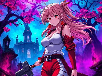 Breathtaking high-definition anime illustration of Nobara Kugisaki from Jujutsu Kaisen, standing in a vibrant, surreal horror wonderland. The background features crumbling gothic ruins illuminated by iridescent purple and neon teal mist, twisted trees with glowing crimson leaves. She wears her signature red and white outfit, her strawberry blonde hair flowing dramatically in the wind. Her large chest is highlighted by soft, cinematic backlighting casting rich, dramatic shadows. She wields a heavy metal hammer and long hairpins with metallic sheen. Her expressive eyes gaze directly at the viewer with intense emotion. The scene is a riot of color—deep crimsons, electric blues, and warm golds—creating a stunningly beautiful yet eerie atmosphere. Sharp focus on detailed anatomy, intricate textures, and high-contrast lighting, masterpiece quality, 8K, cinematic composition.