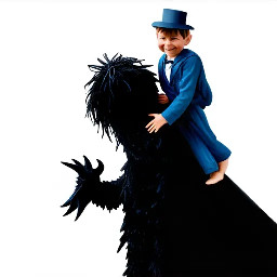 From the sky descends a very large, black, demonic bird, a rag doll dressed in a dark suit and wearing a small hat that partially covers its face. With its powerful talons, it grabs a teenager by the shoulders and tries to carry him off. The teenager, meanwhile, grabs the doll and holds it in his hand, terrified and trying to resist. He screams, and I (his aunt) yells to his grandmother: "Grab him! It's trying to take him!"  The bird/demon, with red eyes, exclaims: "Let's see if your dad saves you!" It's a dark setting, the view is from below, at night, and very windy. The feeling is one of fear and despair.